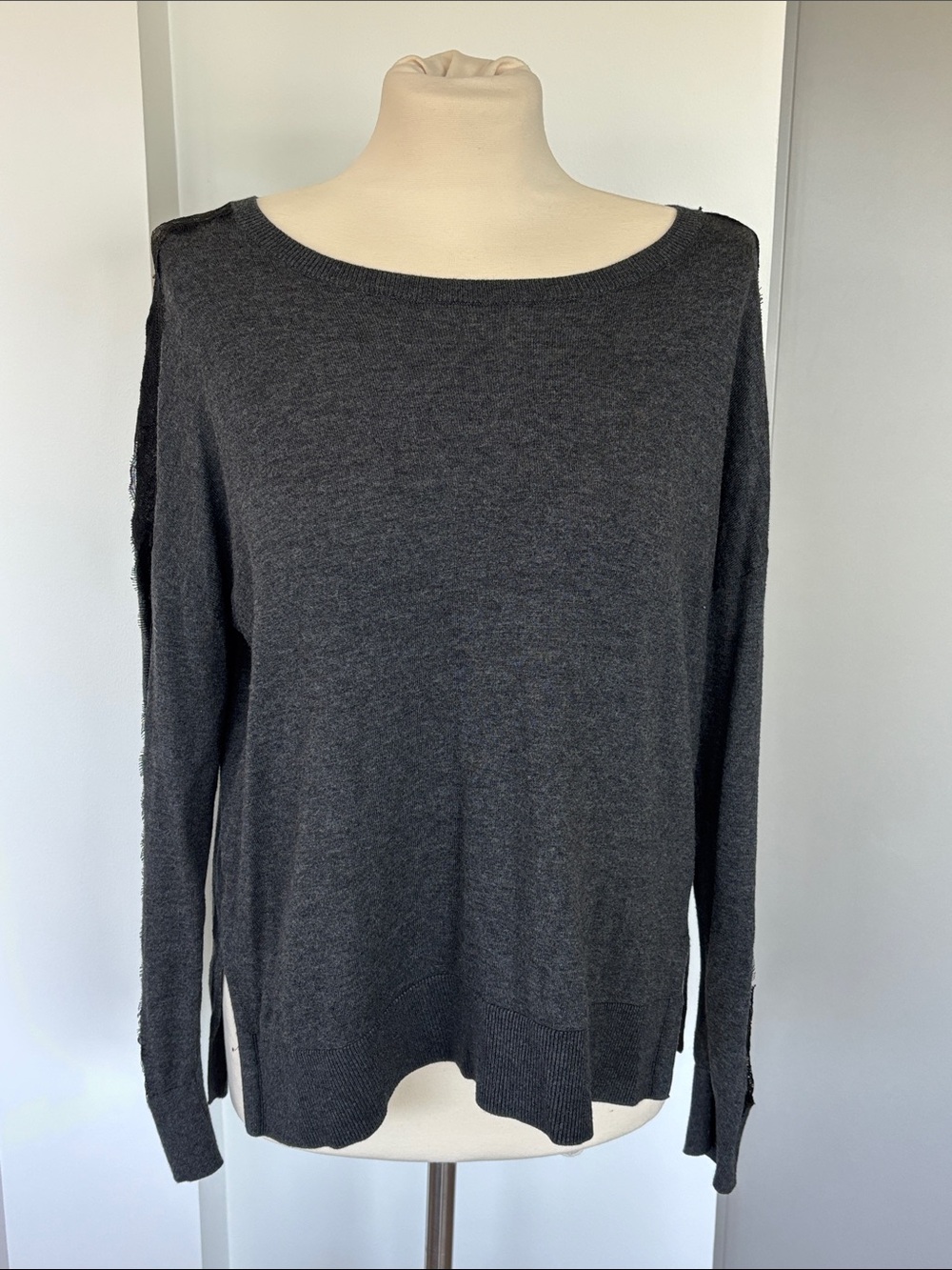 Charcoal Crewneck Long-Sleeve Women's Top with lace sleeve accent